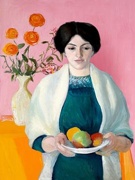 Portrait with Apples and Flowers van Marja van den Hurk