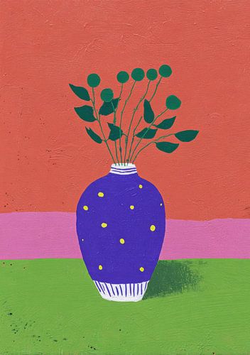 Blue polka-dot vase with green twigs by Niklas Maximilian