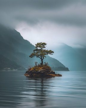 Eiland met boom in het meer van fernlichtsicht