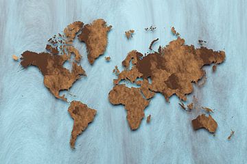 Zwevende bruine wereldkaart op blauw van Arjen Roos