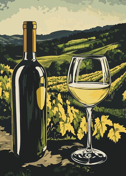 Wine bottle and glass in front of a picturesque wine landscape by Pixelbull Design
