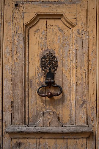 Oude houten deur met decoratieve deurklopper in de Bourgogne (Frankijk)