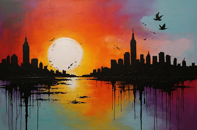 Abstract city silhouette at sunset by Art & Soul Creations