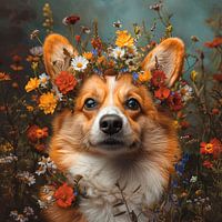 Corgi with wildflowers