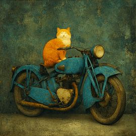 Le fier passager – Le chat roux à moto sur Karina Brouwer
