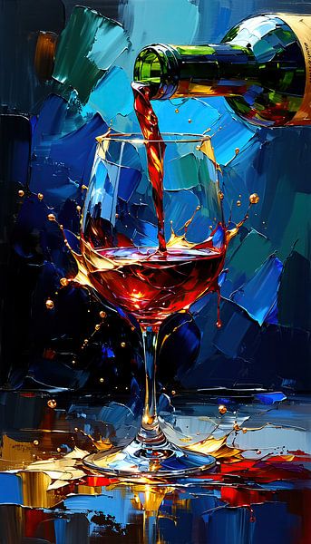 Glas und Flasche mit Rowein zwischen flüssigem Gold, rubinroten Spritzern und der Würde des Augenblicks von AidasignArt