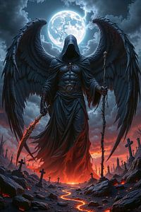 Dark Fantasy Wandbild: NOCTRAEL - Dark Angel mit seinem Flammenschwert auf dem Schlachtfeld