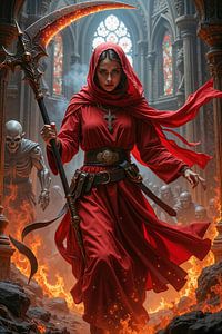 Dark Fantasy Wandbild: SANGRAVIA – Eine rote Nonne reinigt eine Kathedrale von Untoten