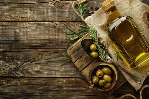 Olives and olive oil still life