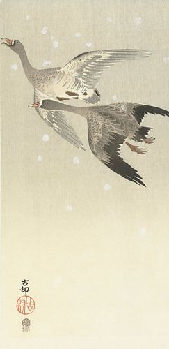 Gans, die im Schnee von Ohara Koson fliegt