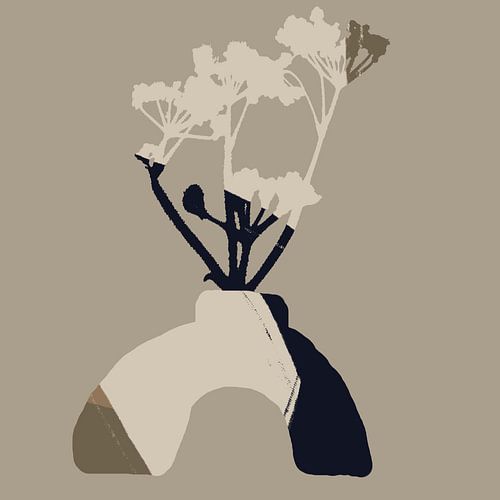 Bloem in vaas. Boho Retro Abstract stilleven. Zwart, wit, bruin.