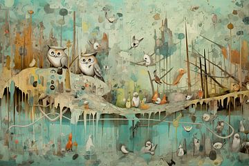 Owls Hiking | Moderne Kunst van Blikvanger Schilderijen