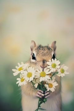 Een vrolijke eekhoorn met bloemen van Poster Art Shop