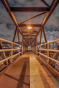 Voetgangersbrug in Schelde tijdens de schemering, Antwerpen van Tony Vingerhoets