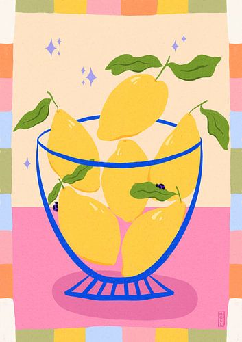 Citrons dans un bol Illustration rétro avec cadre coloré