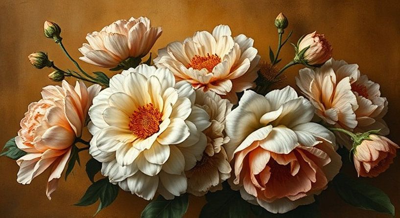 a bouquet of warm-coloured peony roses. by J.a Dijkstra