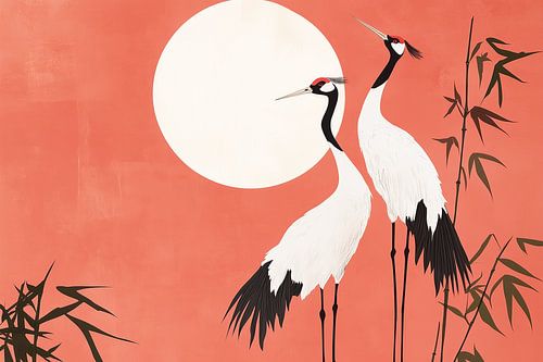Japandi, Cranes at full moon by Caroline Drijber Guérain