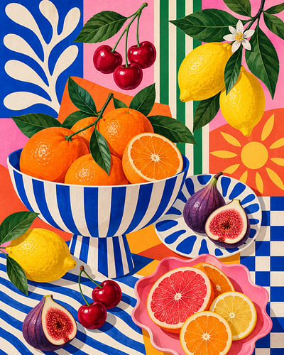 Sommerliches Obststillleben in mediterranen Farben