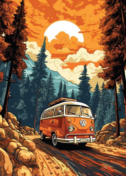 VW Combi Caravan, Wanderlust in het bos, van PublicArt77