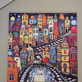 Customer photo: Hundertwasser City yellow blue by Natasja Haandrikman, on canvas