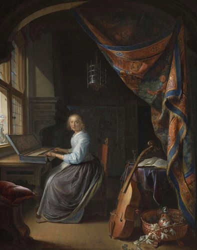 Een vrouw die een klavichord speelt, Gerrit Dou...