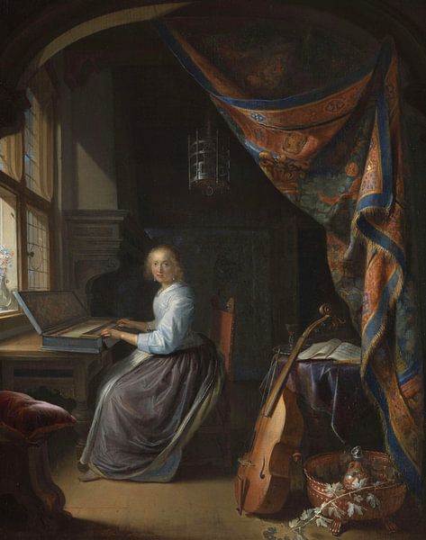 Eine Frau spielt ein Clavichord, Gerrit Dou von Meisterhafte Meister
