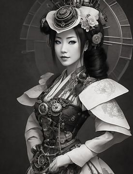 Geisha steampunk en noir et blanc