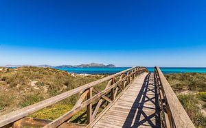 Can Picafort, Holzsteg über die Sanddünen zur Strandbucht von Alcudia, Spanien