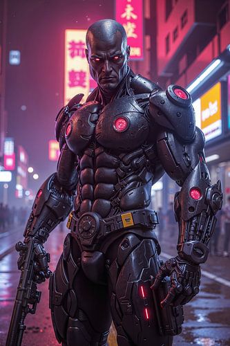 Fantasy Cyberpunk Wall Art & Poster: NEON WARRIOR - The Cyborg Warrior in the Cyberpunk City
