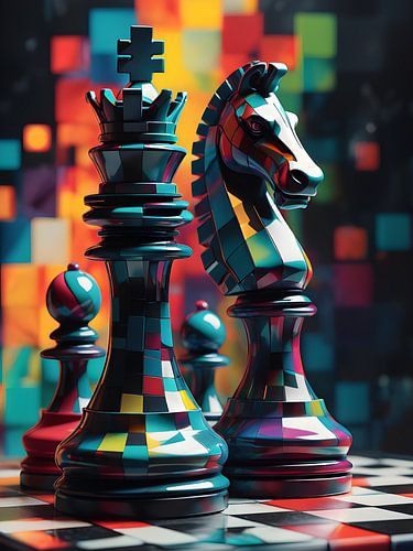 Kubistische Schaakstukken in Levende Kleuren