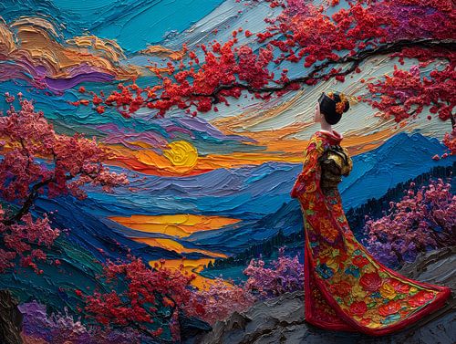 picturesque Japanese landscape art featuring a geisha