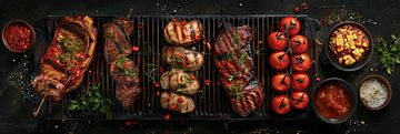 Panorama d'un barbecue sur fond sombre sur Digitale Schilderijen