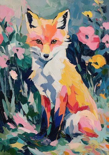 Schattige vos in een kleurrijke tuin