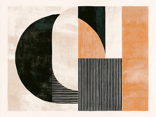 Abstracte compositie met geometrische vormen in zwart en oranje