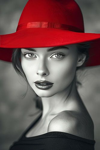 vrouwelijk model met rode hoed