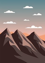 Minimalistische vectorposters van berglandschappen in aardetinten, met een lucht in kleurverloop en gelaagde wolken.