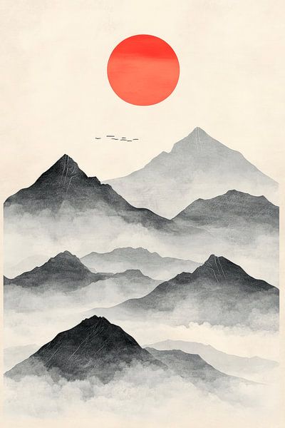 Mountain landscape with red sun by Poster Art Shop
