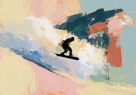 Snowboarder in dynamischer Schwungbewegung auf farbigem Hintergrund