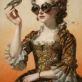 Vintage-Porträt mit Vogel und Blumen von But First Framing