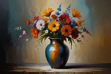 Arrangement floral impressionniste dans un vase coloré sur De Muurdecoratie