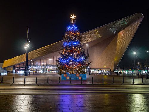 Het Rotterdam centraal Station met kerstboom