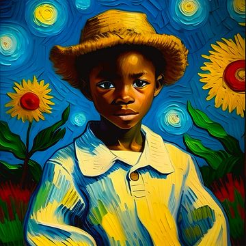 Afrikanischer Junge mit Sonnenblumen 2, Van Gogh-Stil von All Africa