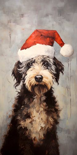 Labradoodle wearing a Santa hat