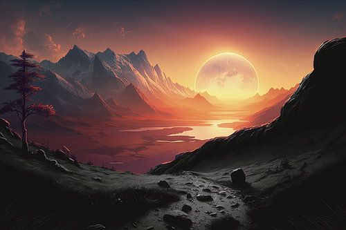 Contrasting Natural Beauty: Mountain Landscape with Orange Sunset