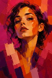 „Crimson Fragmented Portrait“ – Lebendige abstrakte Wandkunst mit weiblichem Motiv von Dodik Hariyono