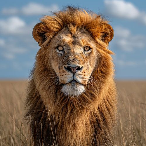 Majestic Lion in African Savanna Under Blue Sky