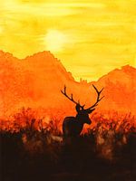 Red deer in the evening sun (watercolor painting nature forest heathland mountains sunrise sunset ye