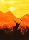 Edelhert in de avondzon (aquarel schilderij natuur bos heide bergen zonsopkomst zonsondergang geel) van Natalie Bruns thumbnail