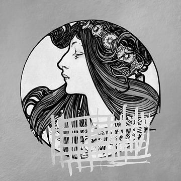 Vintage portrait of a young woman in black and white. Art Nouveau style by Dina Dankers