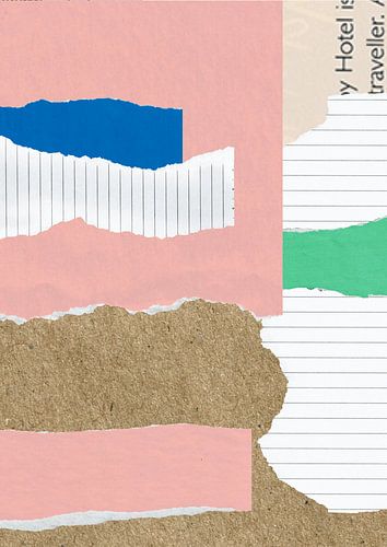 Collage de papier déchiré en blanc, brun, rose, vert et bleu. Surprenant sur votre mur !